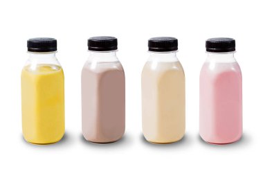 Beyaza izole edilmiş çeşitli kokteyller. Beyaz arkaplanda meyve püresi.