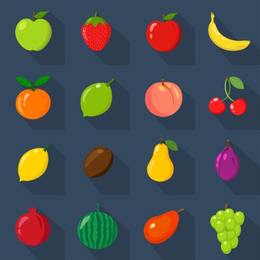Düz simgeler kümesi. Taze, doğal meyve. Koyu mavi arka plan.