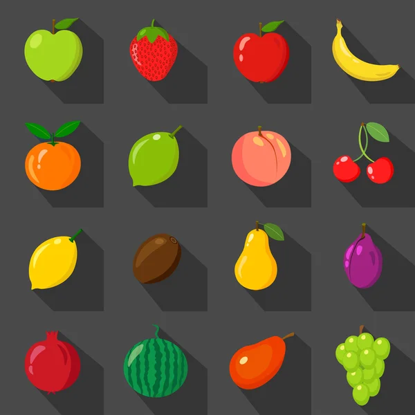 Conjunto de iconos planos. Frutas frescas y naturales. Fondo negro . — Vector de stock