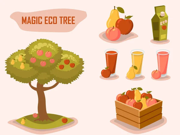 Magic Eco tree. Gardening. Farm fresh. Retro style vector elements. — Stock Vector