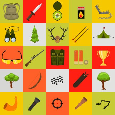 Düz renk avcılık Icons set. Vektör illüstrasyon izole. Karikatür tarzı.