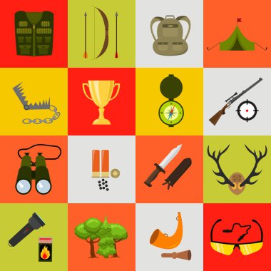 Düz renk avcılık Icons set. Vektör illüstrasyon izole. Karikatür tarzı.