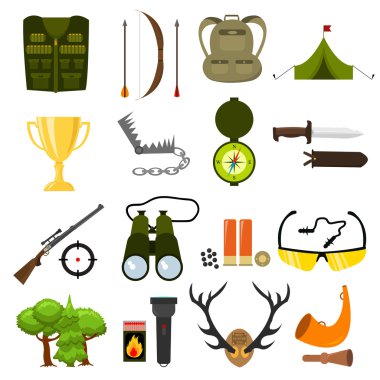 Düz renk avcılık Icons set. Vektör illüstrasyon izole. Karikatür tarzı.