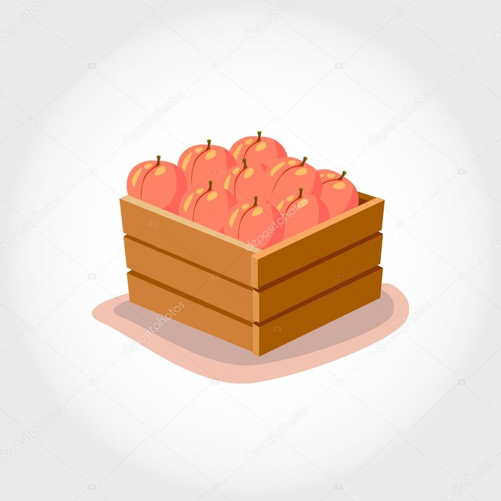 Caja con melocotones frescos. Productos ecológicos. Ilustración