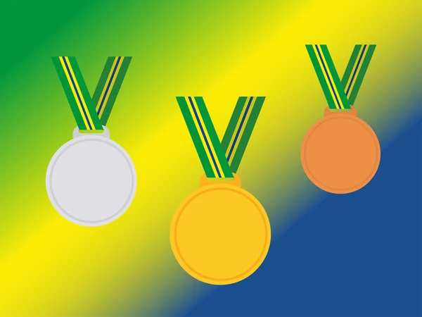 Set of winner medals with brazil ribbon isolated on flag — Stock Vector