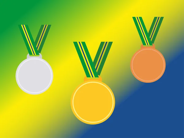 Conjunto de medallas ganadoras con cinta brasileña aislada en la bandera — Vector de stock