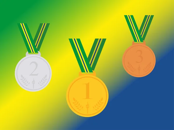 Conjunto de medallas ganadoras con cinta brasileña aislada en la bandera — Vector de stock