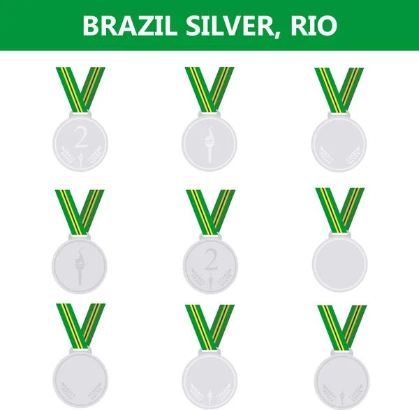 Sada stříbrných medailí ikon. Brazílie. Rio. V létě. Srpen. — Stockový vektor