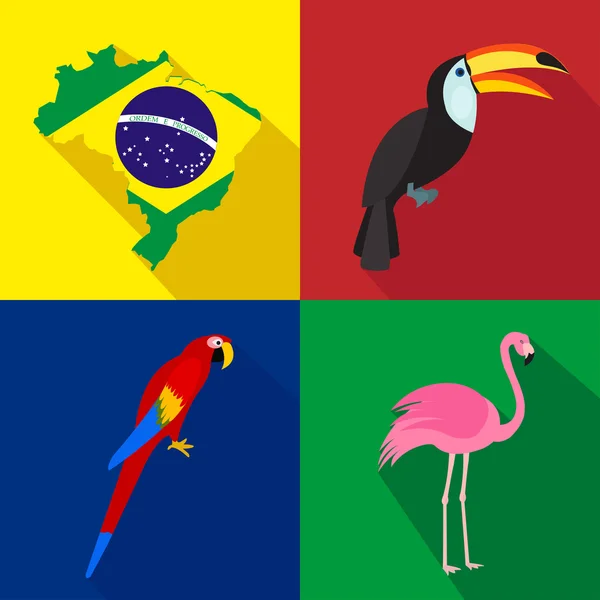 巴西。巨嘴鸟。鹦鹉。火烈鸟。夏天的时间。卡通套图标. — 图库矢量图片