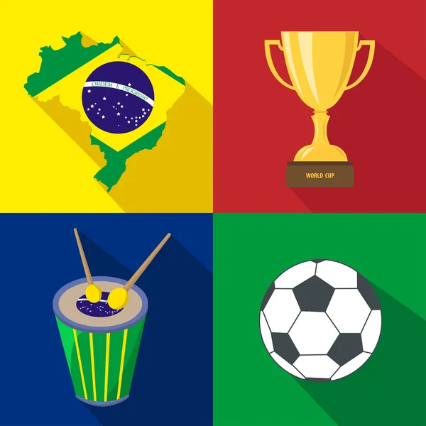 Brazil. Sun. Drum. Cup. Soccer. Summer time. Cartoon set icons. — Stock Vector