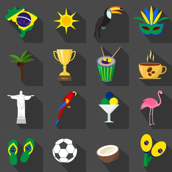 Brazilia. Set de desene animate pictograme plate pe fundal negru . — Vector de stoc