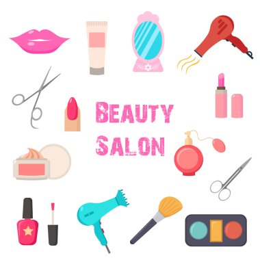 Güzellik Salonu. Düz çizgi film simgeler kümesi. İş. Vektör çizim.