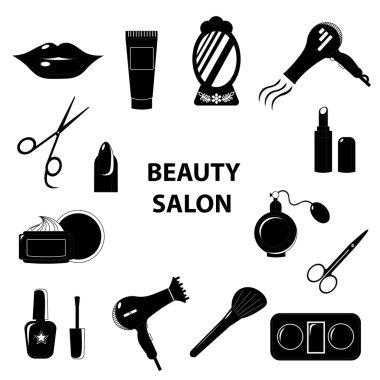 Güzellik Salonu. Siyah çizgi simgeler kümesi. İş. Vektör çizim.