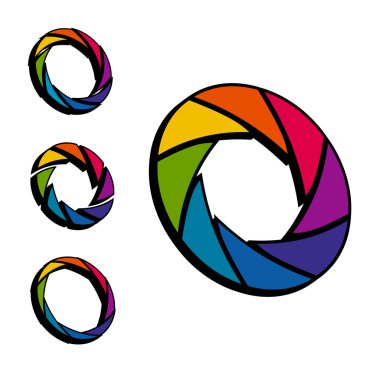 Çekim hızı, diyafram renkli ve beyaz tekerlek. 3D logo. İzometrik
