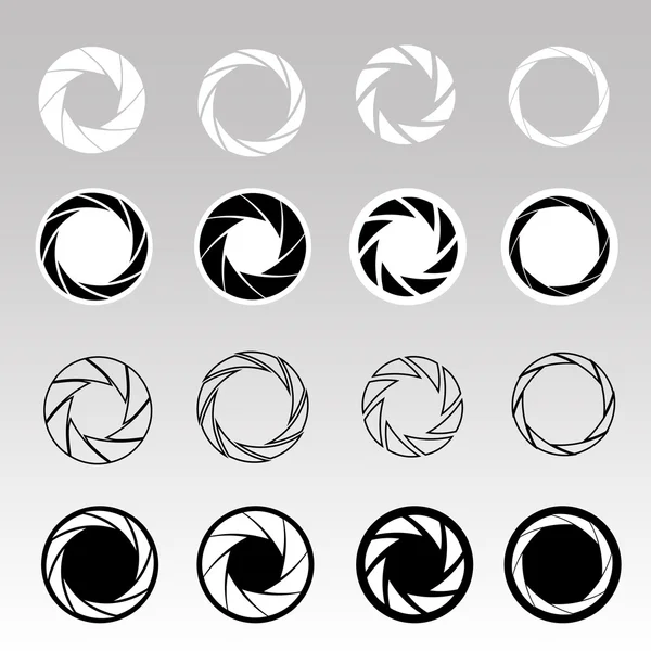 Set of black camera shutter icons on abstract background. — Stock Vector