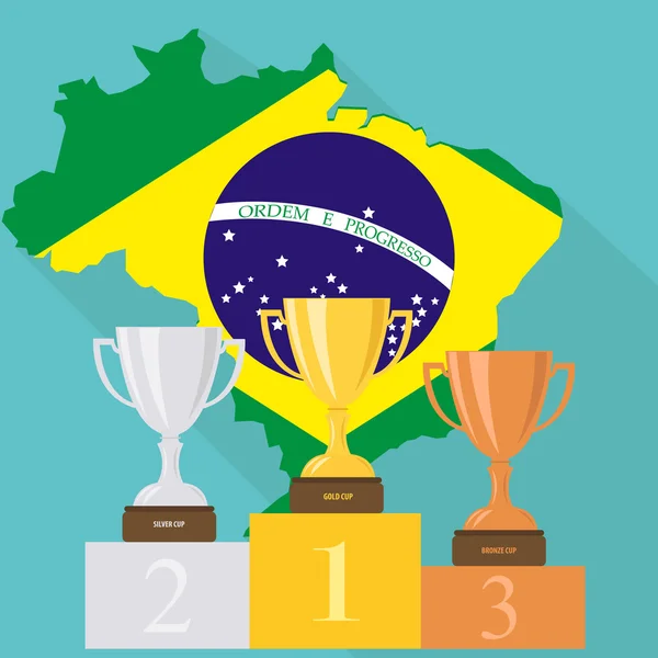 Podium. Bekers. Medailles. Brazilië. Voetstuk. Zomer. Cartoon. — Stockvector