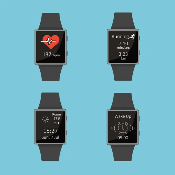 Smart watch.icon eingestellt. Cartoon-Stil. Flache Elemente. blauer Hintergrund. — Stockvektor