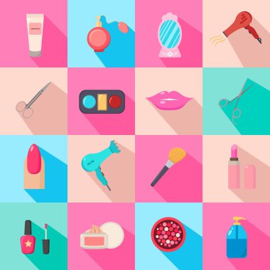 Güzellik Salonu. Çizgi film simgeler kümesi. Renkli arka plan. Yeni iş. Vektör çizim.