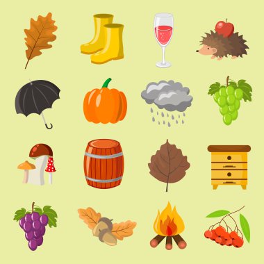 Sonbahar. Karikatür ve düz stil. Arka plan ile tasarımı için ayarla simgesini nesneleri.