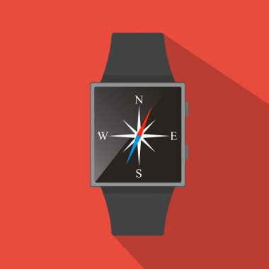 Pusula simgesi, düz konsept uzun gölge ile akıllı saat. Çizgi film tarzı. Vektör illüstrasyon. Kırmızı arka plan.