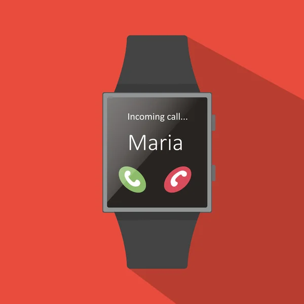 Smart watch con Maria icona chiamante, concetto piatto lunga ombreggiata.Stile cartone animato. Illustrazione vettoriale. Sfondo rosso . — Vettoriale Stock