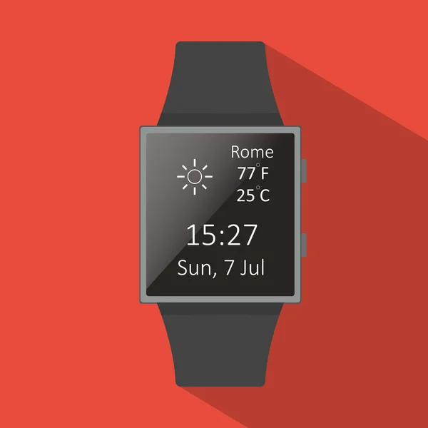 Smart klocka med Widget-ikon, platt koncept lång skugga. Tecknad stil. Vektor illustration. Röd bakgrund. — Stock vektor