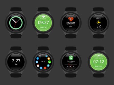 Akıllı saatler giyilebilir koleksiyon bilgisayar yeni teknoloji. Vektör İllüstrasyon. Siyah arka plan.