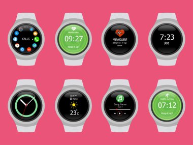 Akıllı saatler giyilebilir koleksiyon bilgisayar yeni teknoloji. Vektör İllüstrasyon. Pembe arka plan.