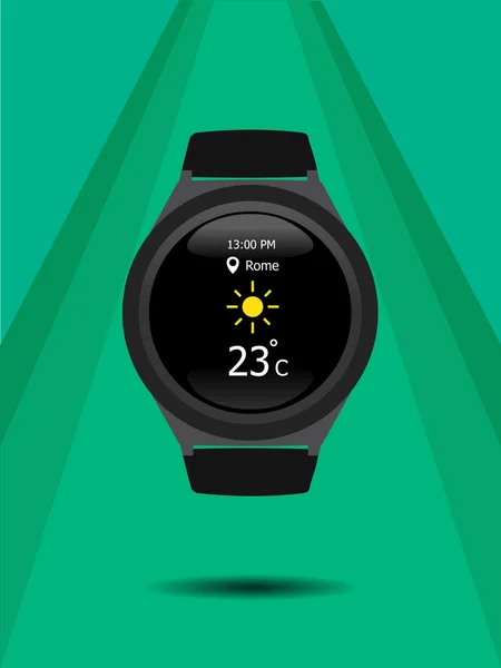 Smart Watch-klocka isolerad. Dator ny teknik. Tecknad och platt stil. Vektor illustration. Grön bakgrund. Ljuseffekt. — Stock vektor