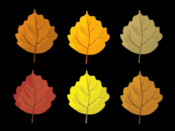 Набор цветных осенних листьев. Мультфильм и плоский стиль. Чёрный фон. Векторная иллюстрация . — стоковый вектор