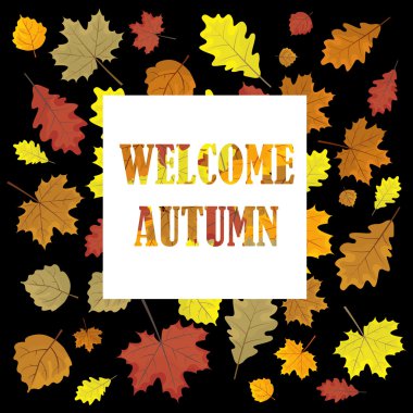 Sonbahara hoş geldin. Yapraklı satış afişi. Sezon vektör satış tasarım panelinde Yapraklar. Illüstrasyon. Siyah arka plan.