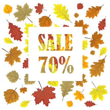 Sonbahar yaprakları ile Satış afiş. Sezon vektör satış tasarım panelinde Yapraklar. Illüstrasyon. Beyaz arka plan.