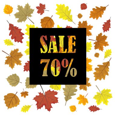 Sonbahar yaprakları ile Satış afiş. Sezon vektör satış tasarım panelinde Yapraklar. Illüstrasyon. Beyaz arka plan.