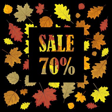 Sonbahar yaprakları ile Satış afiş. Sezon vektör satış tasarım panelinde Yapraklar. Illüstrasyon. Siyah arka plan.