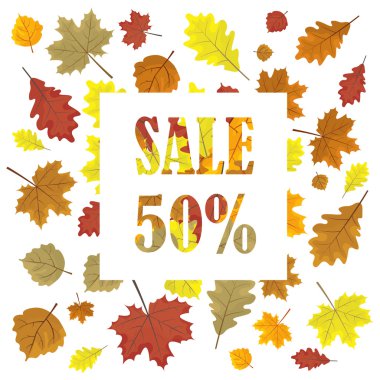 Sonbahar yaprakları ile Satış afiş. Sezon vektör satış tasarım panelinde Yapraklar. Illüstrasyon. Beyaz arka plan.