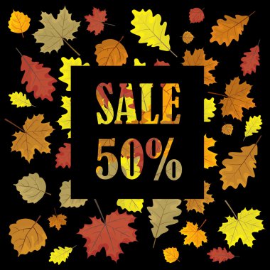Sonbahar yaprakları ile Satış afiş. Sezon vektör satış tasarım panelinde Yapraklar. Illüstrasyon. Siyah arka plan.