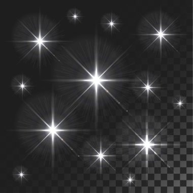 Vektör parlak ışık efekti yıldız kümesi şeffaf arka plan üzerinde patlamalar. . Soyut renkli duvar kağıdı.