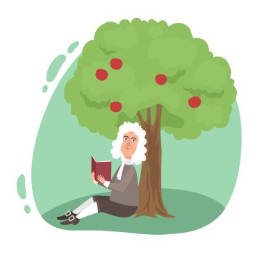 Smiling scientist Newton reading book under tree apple clipart