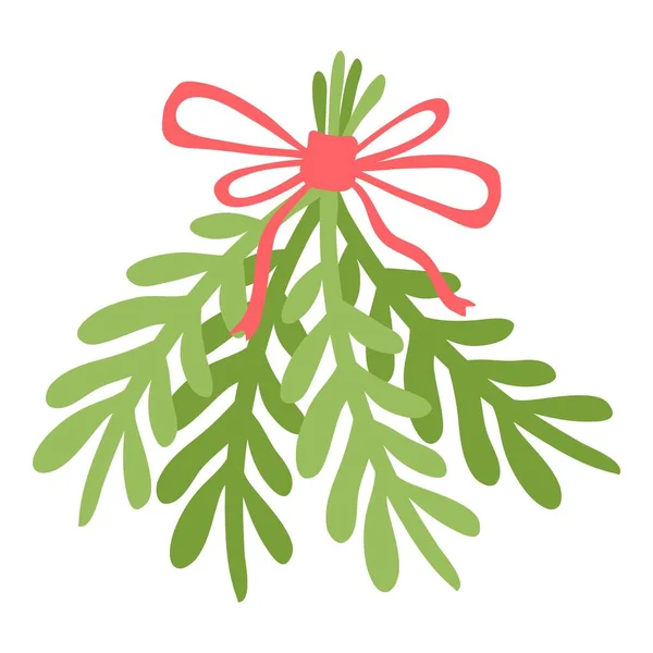 Feuille branche de Noël avec ruban rouge icône, style plat — Image vectorielle
