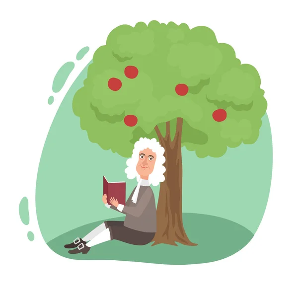 Lächelnder Wissenschaftler Newton liest Buch unter Baumapfel — Stockvektor