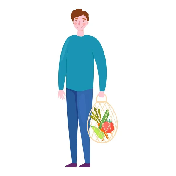 Niño con icono de bolsa de verduras ecológicas, dibujos animados y estilo plano — Vector de stock