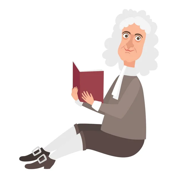 Usmívající se Isaac Newton číst ikonu knihy, karikatury a plochý styl — Stockový vektor