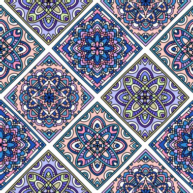 Yaratıcı Etnik Tarz Meydanı Kusursuz Düzen. Eşsiz geometrik vektör örneği. Ekran arkaplanı, site arkaplanı, ambalaj kağıdı, duvar kağıdı, tekstil ve yüzey tasarımı için mükemmel. Modaya uygun fayanslar.