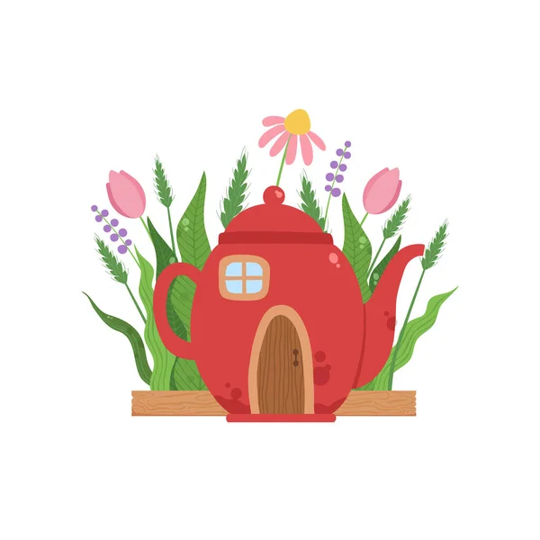 赤いティーポットから作られた小さな家 ノームのためのおとぎ話のファンタジーの家 小人や白い背景にエルフのベクトルイラスト 春の時間 — ストックベクタ