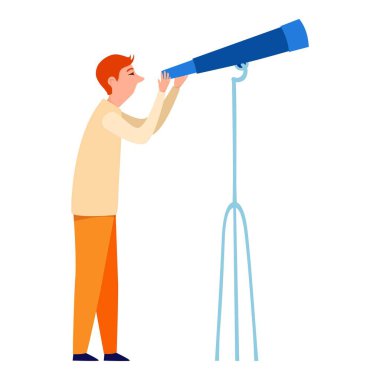 Teleskop vektör düz illüstrasyonuna bakan sevimli küçük adam. Beyaz arka planda izole edilmiş renkli bir adam dürbünden izliyor. Çocuk gökevinde eğleniyor.