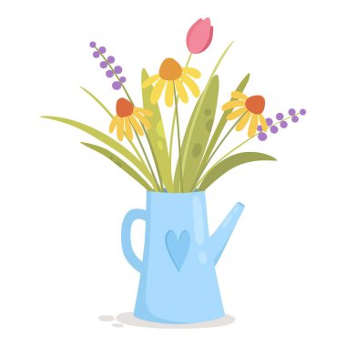 Mavi çay demliği ikonunda çiçekler, çizgi film tarzı.