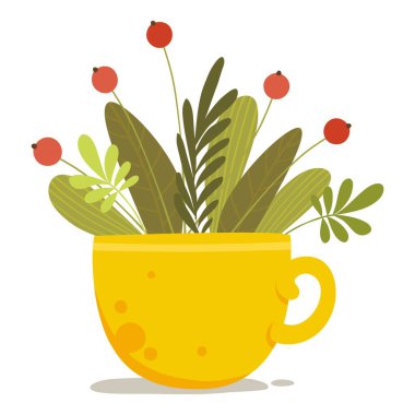 Sarı kupa ikonunda çiçek bitkisi, çizgi film tarzı.