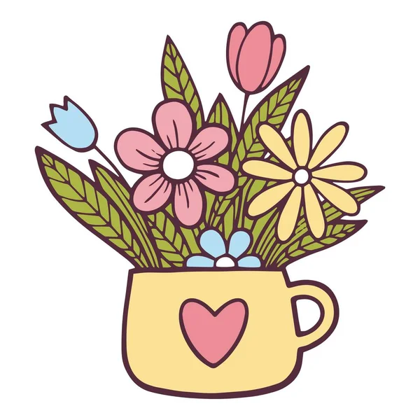 茶杯配花花束图标,手绘轮廓风格 — 图库矢量图片