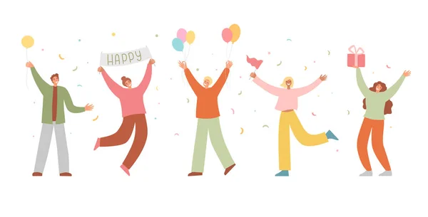 Group of happy people raising hands celebrating holiday with colorful confetti vector flat illustration. Woman hold gift box having fun with friends isolated. Person with balloons and flag — Stock Vector