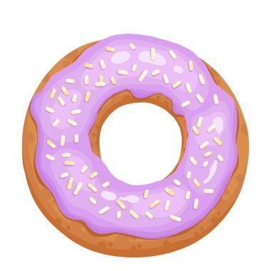 Donut glazed with colorful sugar and icing and topped with sprinkles lying isolated on white background. Tasty fried dough confectionery or dessert. Vector illustration. Realistic cartoon style
